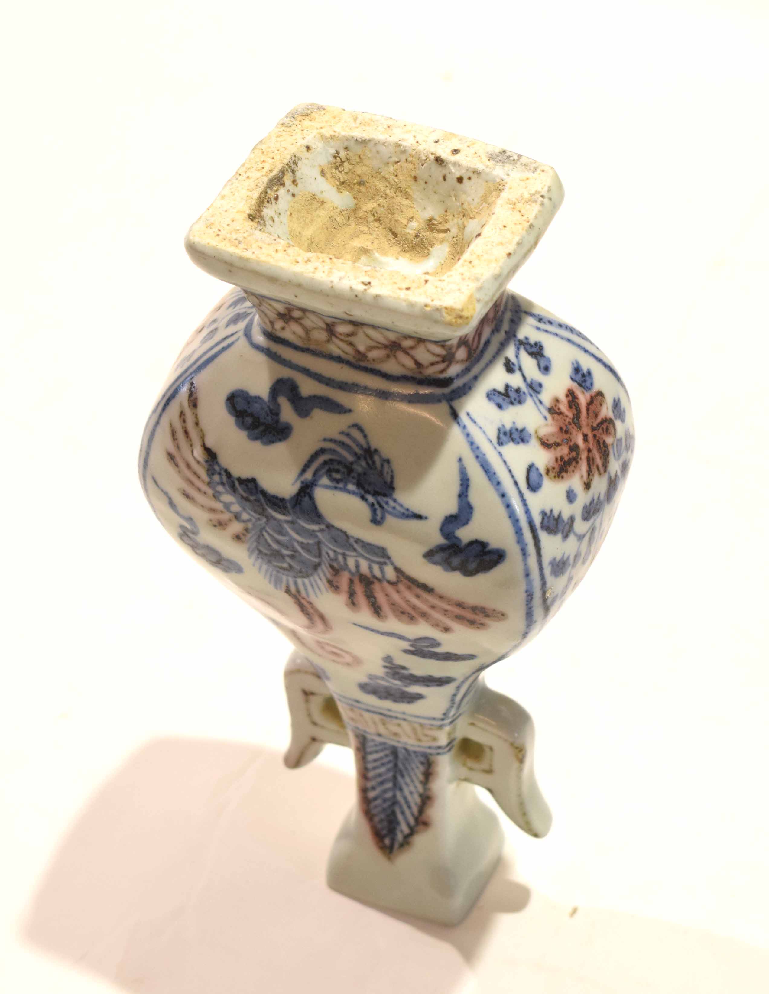 Chinese Ming style porcelain vase of flattened form with two panels of bird decoration with - Image 2 of 4