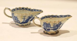 Pair of 18th century Bow porcelain sauce boats with the Desirable Residence pattern (a/f) (2)