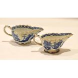 Pair of 18th century Bow porcelain sauce boats with the Desirable Residence pattern (a/f) (2)