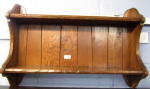 Small set of oak panelled back wall shelves, 73cm wide x 14cm deep (max) x 47cm tall