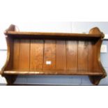 Small set of oak panelled back wall shelves, 73cm wide x 14cm deep (max) x 47cm tall