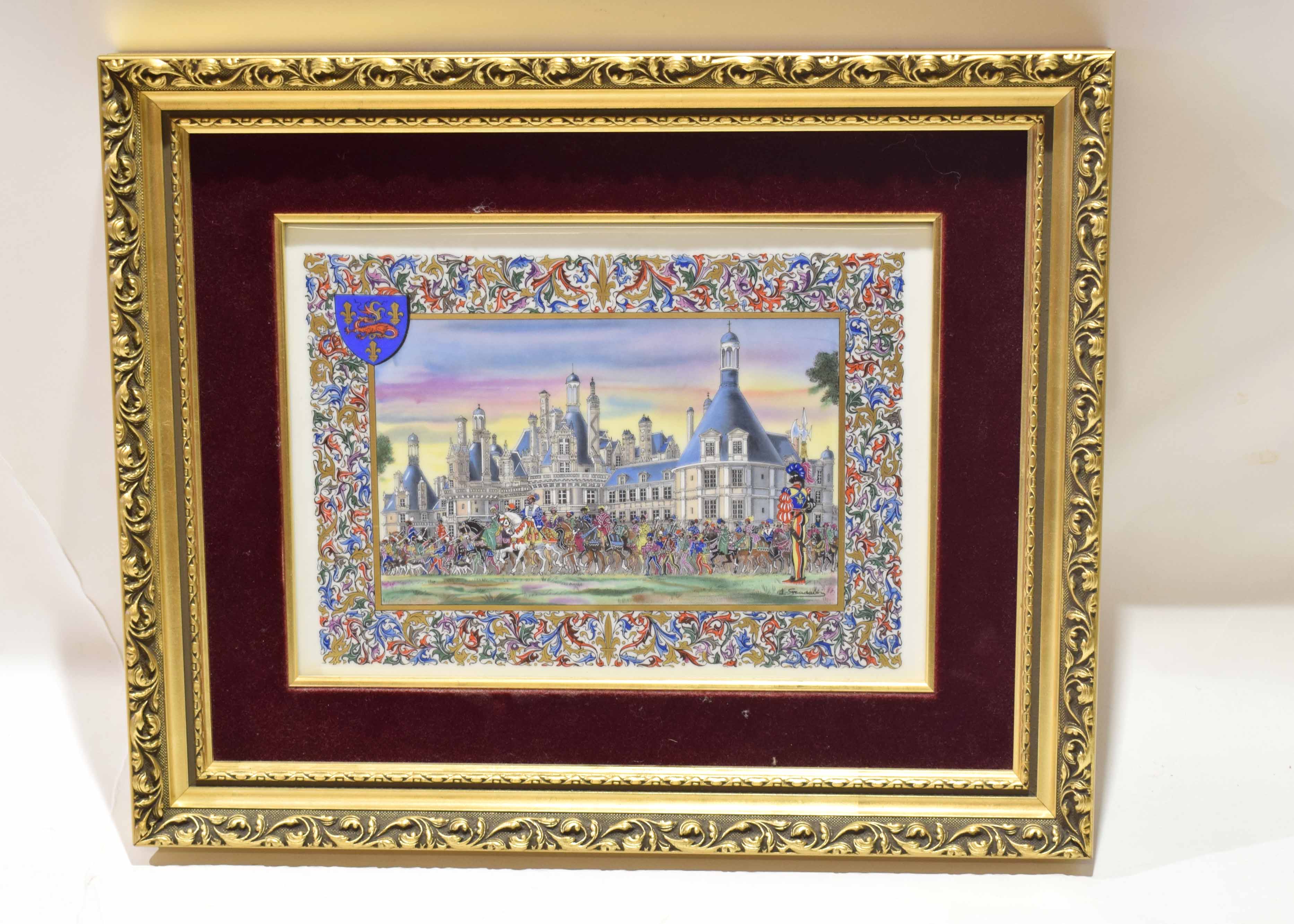Pottery plaque, illustrated by Jean Gradassi, details verso, the plaque in gilt frame, 29cm diam