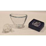 Three pieces of glass including a Dartington crystal floral collection flower paperweight,