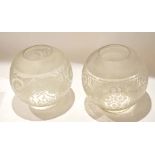 Pair of early 20th century globular glass oil lamp shades etched with stylised foliage, 18cm diam