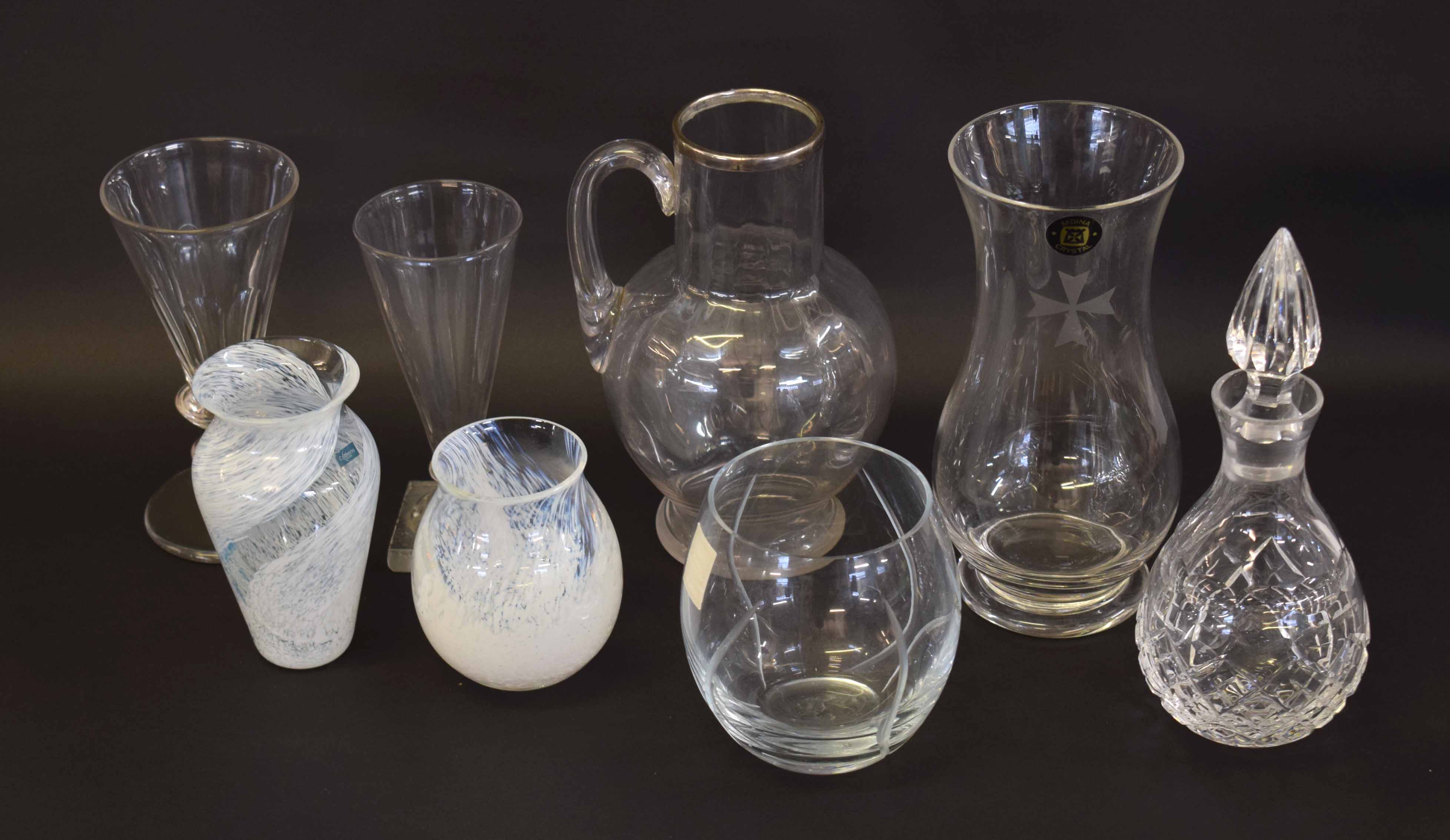 Group of glass wares including a Mdina crystal glass vase, a cut glass decanter, fluted glass with