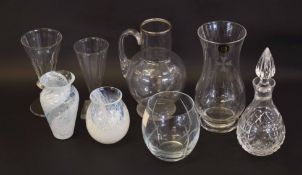 Group of glass wares including a Mdina crystal glass vase, a cut glass decanter, fluted glass with