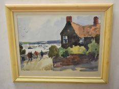 John Tookey (born 1947) Figures overlooking an estuary by a cottage watercolour, signed lower