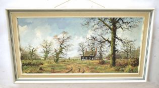 James Wright (born 1935) "The Cottage" oil on canvas, signed lower right, 43 x 89cm