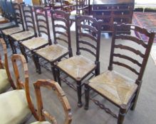 Set of six Lancashire style oak ladder back dining chairs with cord seats, turned legs and