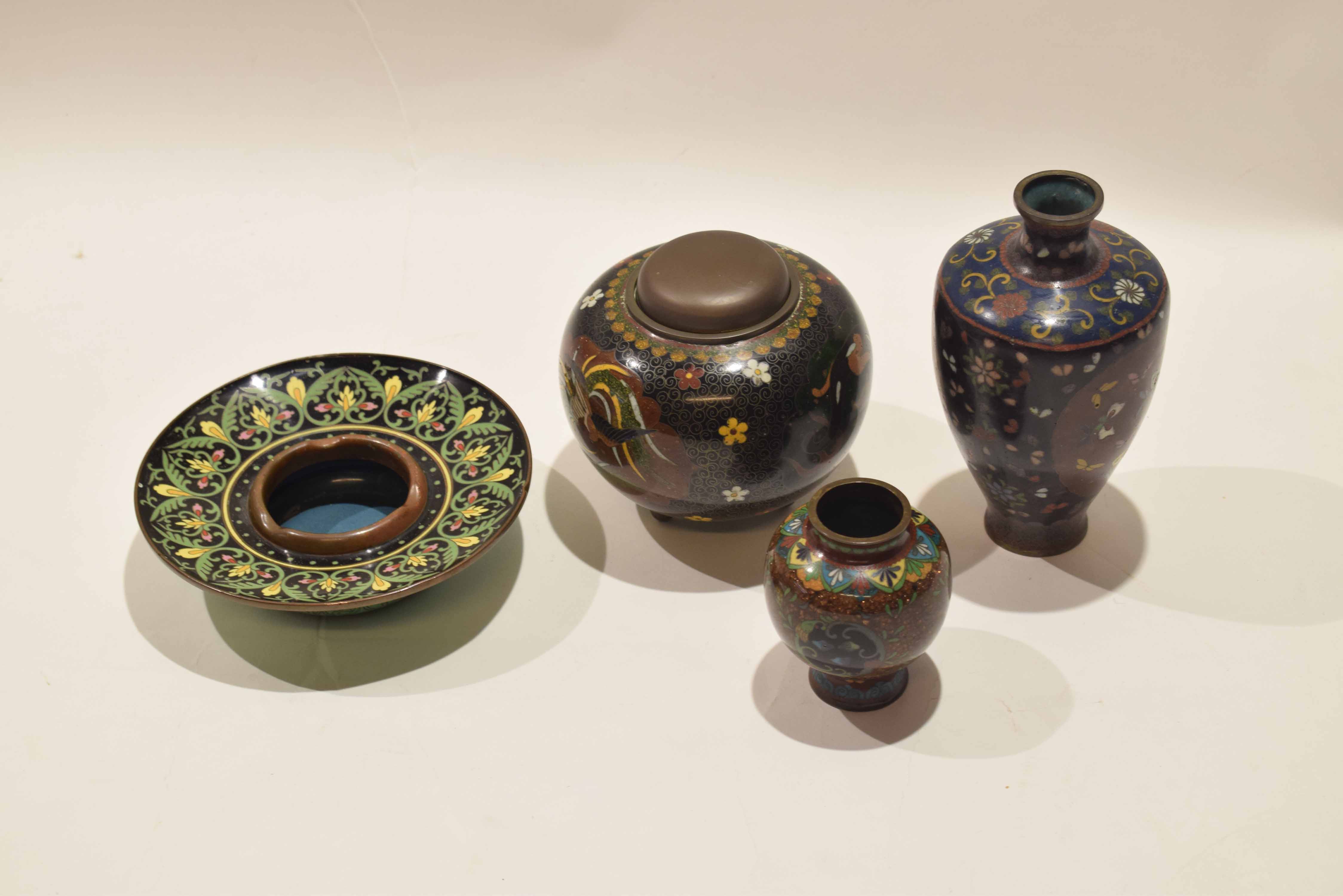 Group of cloisonne wares, early to mid 20th century, comprising a vase, the body decorated with