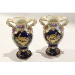 Pair of Booths late 19th century vases both decorated in 18th century Worcester style, the blue