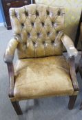 Mahogany framed and faded tan leather upholstered button back armchair with brass studded detail (