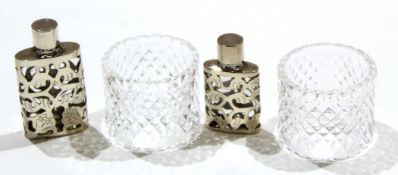 Two white metal mounted and glass scent bottles and two glass napkin rings (4)