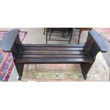 Early 20th century oak bench with slatted seat, bears label inscribed "Built from timbers ex HMS