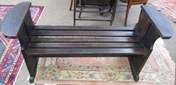 Early 20th century oak bench with slatted seat, bears label inscribed "Built from timbers ex HMS