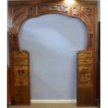 Extremely large Chinese wooden door surround comprising of two side panels with gilt and red