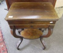 Late Georgian rosewood work table, the hinged lid opening to reveal a mirror under and sectional