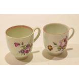 Two 18th century Worcester porcelain cups both with floral designs, one with brown line rim (2)