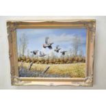 Mark Chester (contemporary) "Autumn flight - English Partridges" acrylic on canvas, signed lower