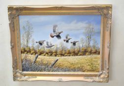 Mark Chester (contemporary) "Autumn flight - English Partridges" acrylic on canvas, signed lower