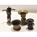 Group of Oriental metal wares including a sculptured figure of a peasant or water carrier, a