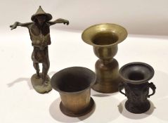 Group of Oriental metal wares including a sculptured figure of a peasant or water carrier, a