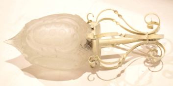 Edwardian wrought iron ceiling sconce/light with conical frosted glass shade etched with mythologic
