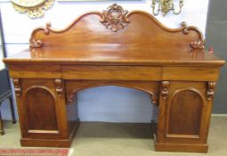 19th century mahogany twin pedestal sideboard with C-scroll moulded pediment, 199cm wide