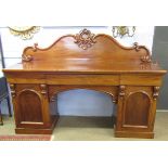 19th century mahogany twin pedestal sideboard with C-scroll moulded pediment, 199cm wide