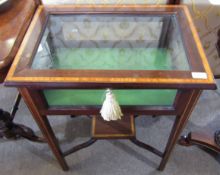 Edwardian style inlaid mahogany and glazed bijouterie cabinet, the lifting lid with bevelled