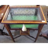 Edwardian style inlaid mahogany and glazed bijouterie cabinet, the lifting lid with bevelled