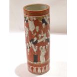 Japanese Kutani style porcelain cylindrical vase, decorated with figures in red, black and gilt on a