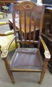 20th century oak carver chair, plain cresting rail and slat back, rexine seat and tapering square