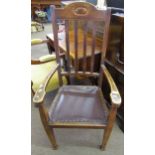 20th century oak carver chair, plain cresting rail and slat back, rexine seat and tapering square