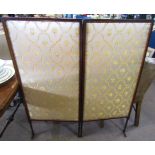 Early 20th century mahogany framed two-fold brass screen upholstered in silk fabric, decorated