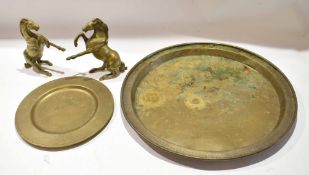 Brass Benares circular table top, two brass models of horses and a further brass dish