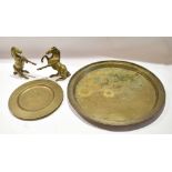 Brass Benares circular table top, two brass models of horses and a further brass dish