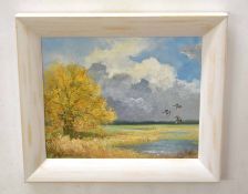 Shirley Carnt (contemporary) "Autumn Day on Burnham Norton Marsh" oil on board, signed lower left,