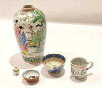 Group of Chinese porcelain wares including a famille vert baluster vase decorated with figures in