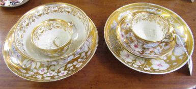 Group of early 19th century Derby porcelain comprising three dishes, slop bowl, two cups and saucers