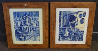 Pair of blue printed Delft type pictures (constructed from small tiles) depicting scene of a