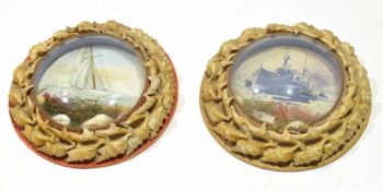 Two circular prints of ships, one a battleship, one a sailing ship, within shell moulded frames,