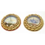 Two circular prints of ships, one a battleship, one a sailing ship, within shell moulded frames,