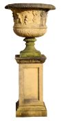 Good quality large reconstituted stone garden urn and stand with urn with raised relief design of