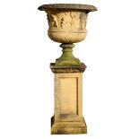 Good quality large reconstituted stone garden urn and stand with urn with raised relief design of