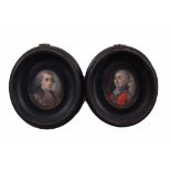 18th/19th century French School pair of oil miniatures, head and shoulders portraits of gents, one