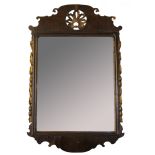 Walnut and mahogany parcel gilded Chippendale style large wall mirror, the shaped top crested with