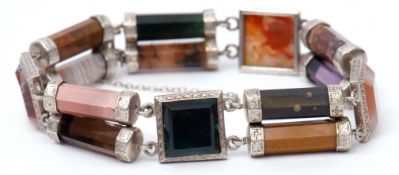 Antique Scottish agate bracelet, the links alternating between squares and batons, framed and capped