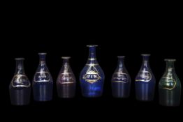 Group of Bristol Blue decanters, various titles including Hollands, Rum and Brandy and further green