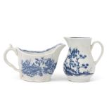 18th century Worcester Chelsea ewer shaped sauce boat with a printed floral pattern in blue,